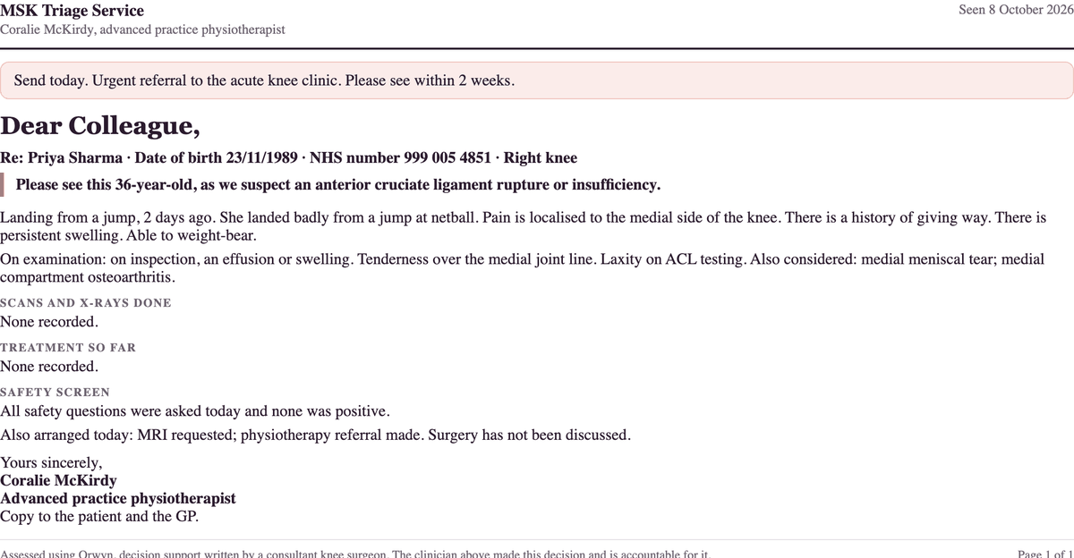 The one-page letter to the acute knee clinic, opening "Please see this 36-year-old, as we suspect an anterior cruciate ligament rupture or insufficiency."