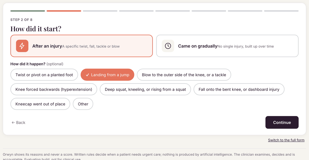 The guided question "How did it start?", with how the injury happened chosen in one tap.