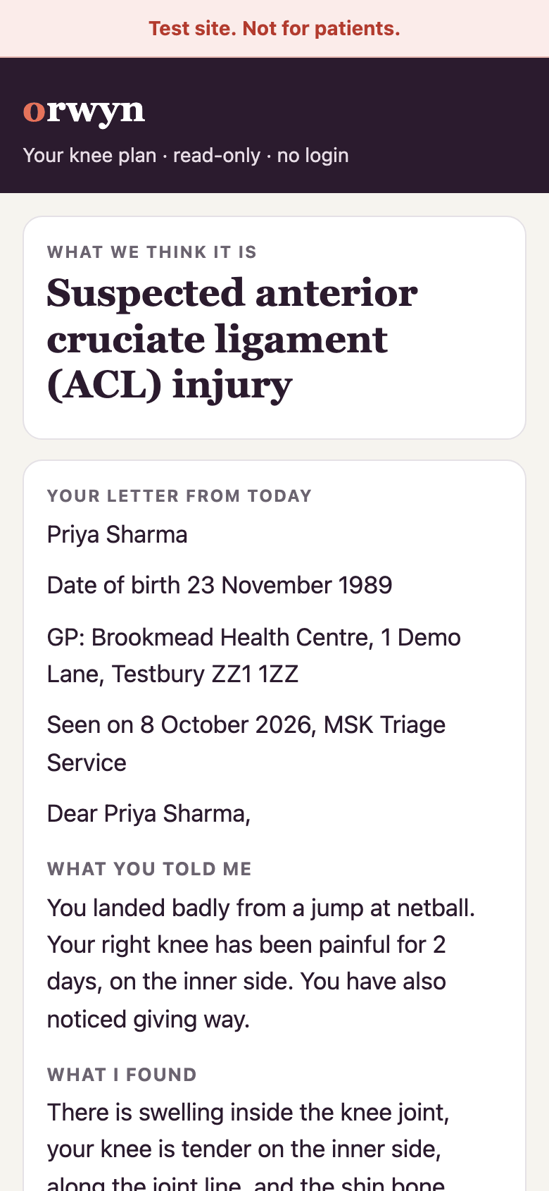 An example of the page a patient would receive on their phone: what we think it is, why, what happens next, what you can do now, and the note from the knee surgeon.