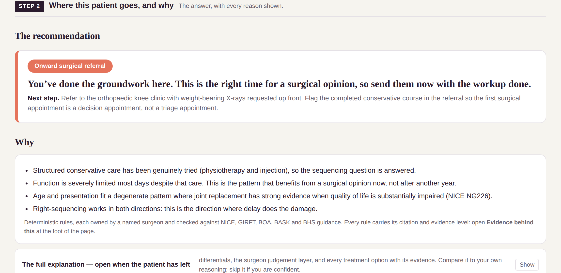 The Orwyn clinician tool: a referral decision with its reasons and rule numbers, the evidence each rule rests on, an override control, and what would change the answer. Synthetic sample data.